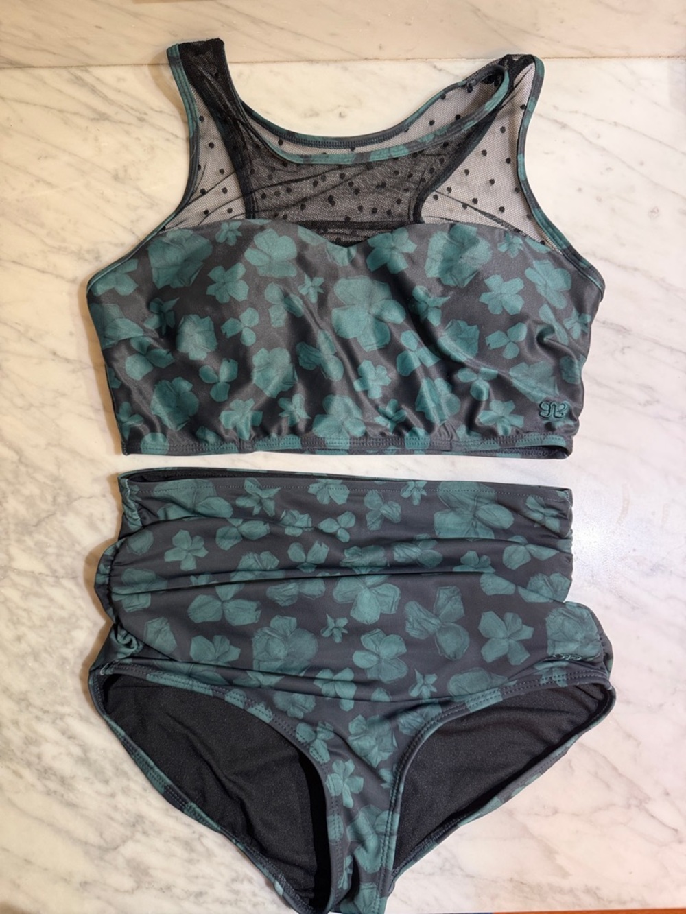 Albion Teal Floral Mesh-Accent One-Piece Swimsuit - Picture 7 of 7